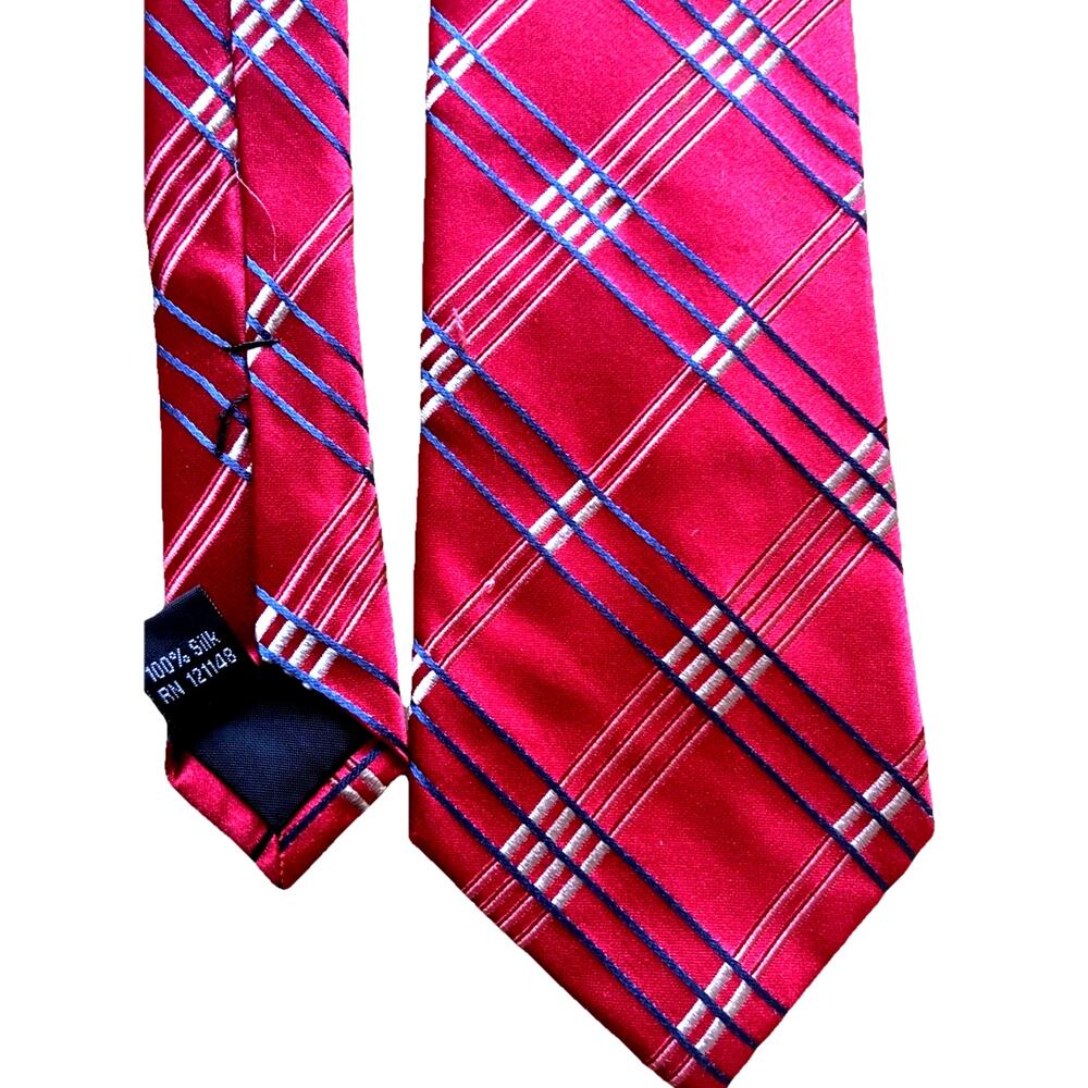 Michael Kors Red Plaid Silk Tie Academia Preppy Shiny Formal Stripes Geometric